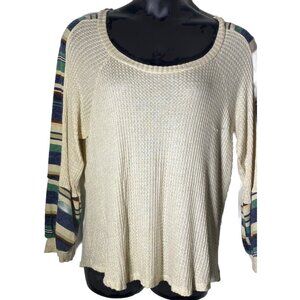 Daytrip Beige Thermal Large Top Mulit Color Striped Bubble Sleeve Southwest Boho